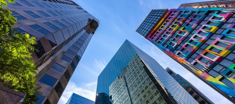 Scenic Montreal modern skyline in downtown financial and technology city center. January 2022
