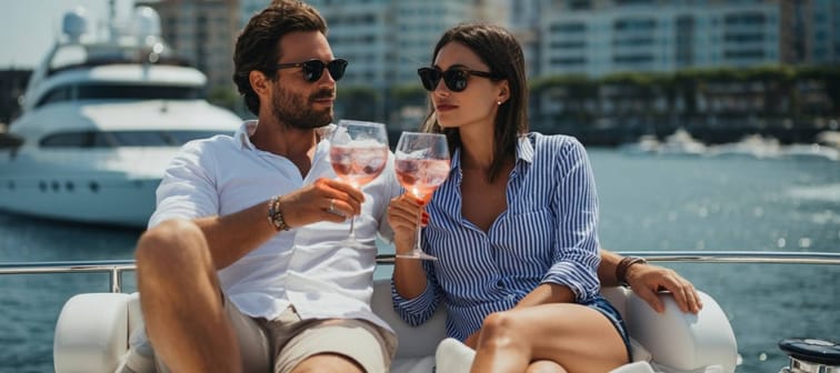 Couple relaxing on a luxury yacht enjoying drinks (image generated using AI)