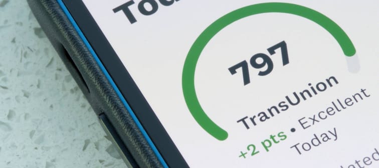 TransUnion credit score is seen from the Credit Karma app on an iPhone