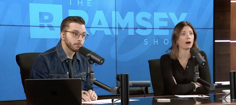 Ramsey Show hosts Rachel Cruze and George Kamel react with shock after hearing a caller pays their in-laws $6K a month to cover their mortgage.