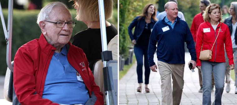 Chairman and CEO of Berkshire Hathaway Warren Buffett rides in a golf cart  + Greg Abel, chairman and CEO of Berkshire Hathaway Energy, walks with Andrea Abel