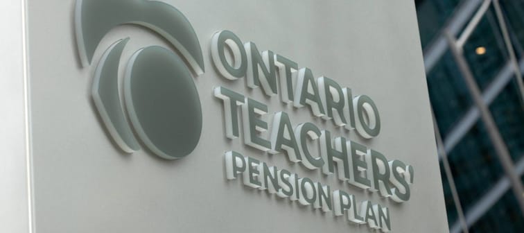 TORONTO, CANADA - 2024 August 4: Ontario teachers Pension Plan plate at their office building at 60 Front St W in Toronto, Ontario.
