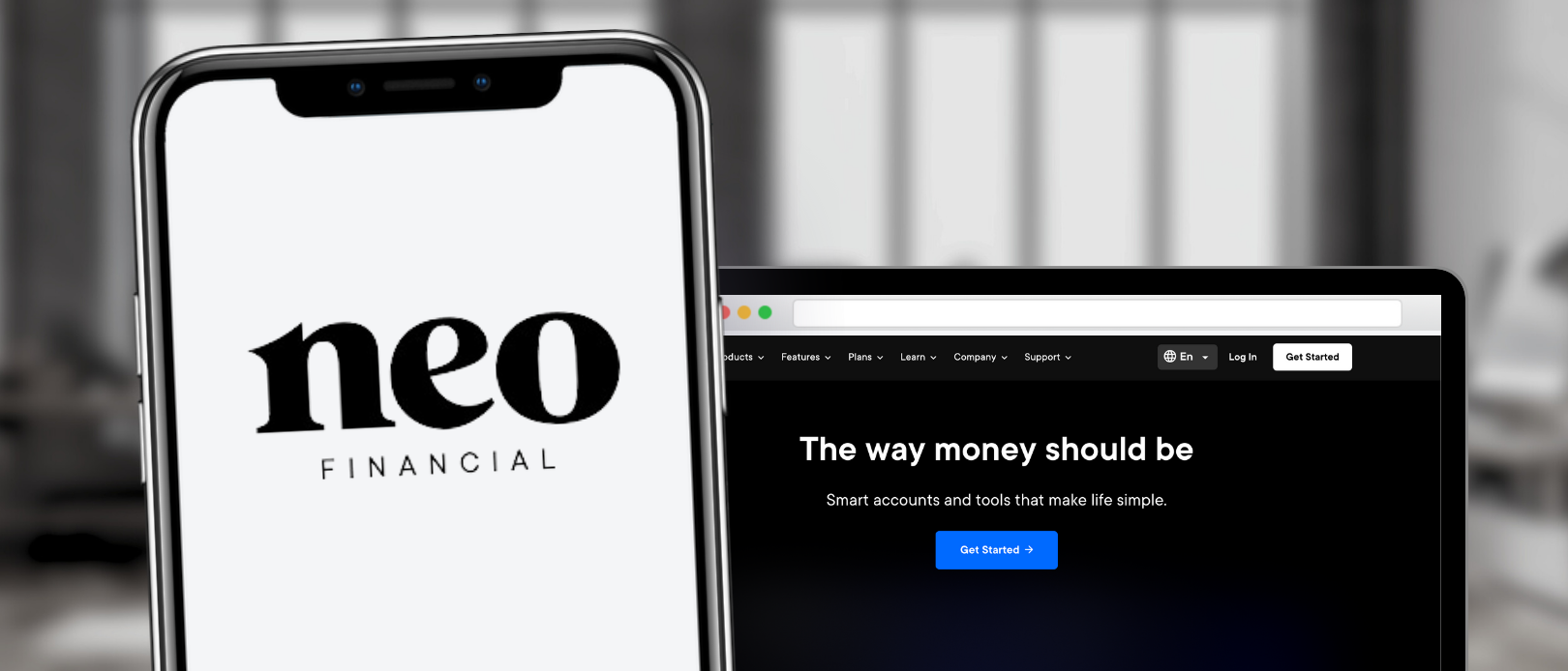 Neo Financial logo displayed on smart phone with laptop in background displaying the Neo Financial home page